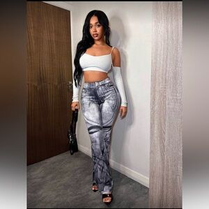 White Crop Top and Gray Patterned Pants